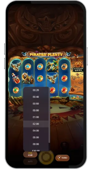 Adjusting stake between £0.20 and £40 in Pirates' Plenty