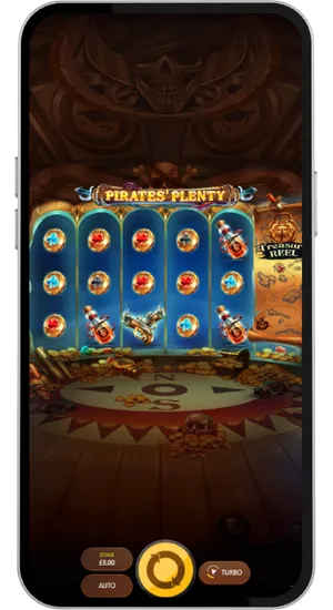 Pirates Plenty base game spin showing bottle wild symbols and card suit icons across the five reels with Treasure Reel panel visible