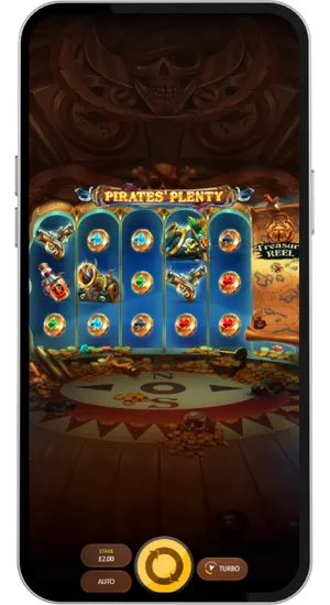 Pirates Plenty base game on mobile showing the five reel grid with card suit symbols and the Treasure Reel map panel on the right