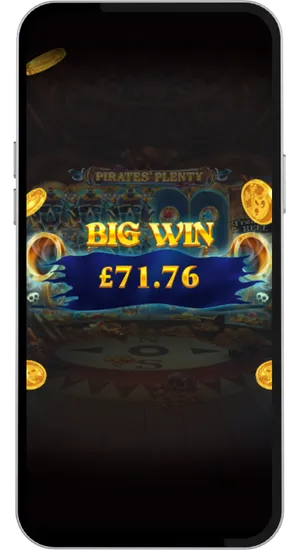 Pirates Plenty Big Win screen displaying a seventy one pound seventy six pence payout with skull symbols on the reels and gold coins flying around