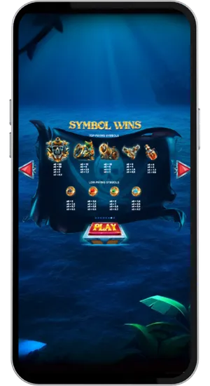 Pirates Plenty Symbol Wins paytable screen showing top paying and low paying symbol multipliers on an underwater scroll background